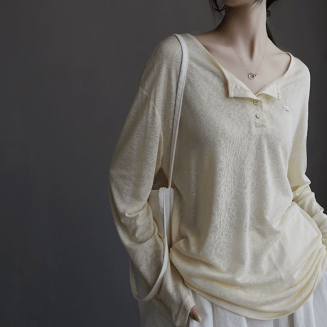 side drawstring sheer henley neck cutsew　MA1946