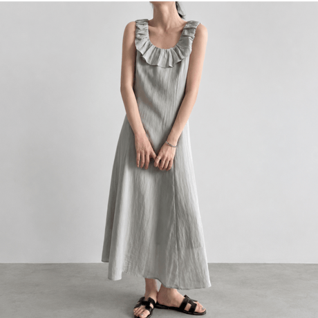 ruffle collar sleeveless a-line long one piece/2color　MA1986