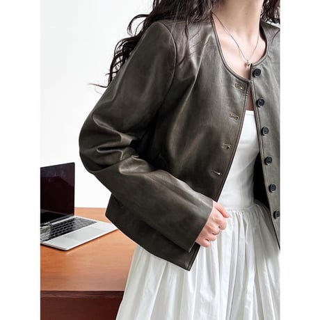 collarless faux leather button jacket　MA1144