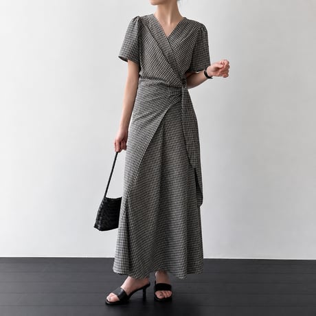 v neck check waist ribbon onepiece　MA1990