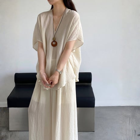 sheer linenlike v neck wide pants setup　MA1979