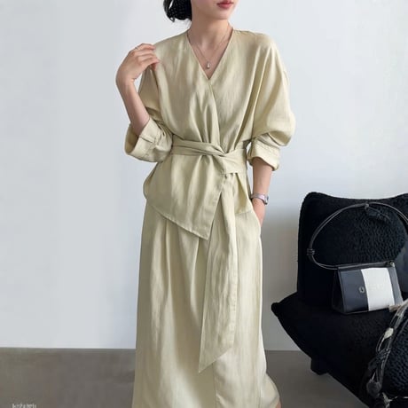 linenlike cachecoeur tops straight skirt setup　MA1961