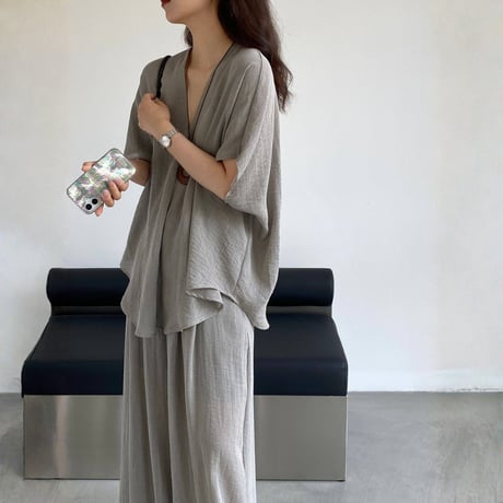 sheer linenlike v neck wide pants setup　MA1979
