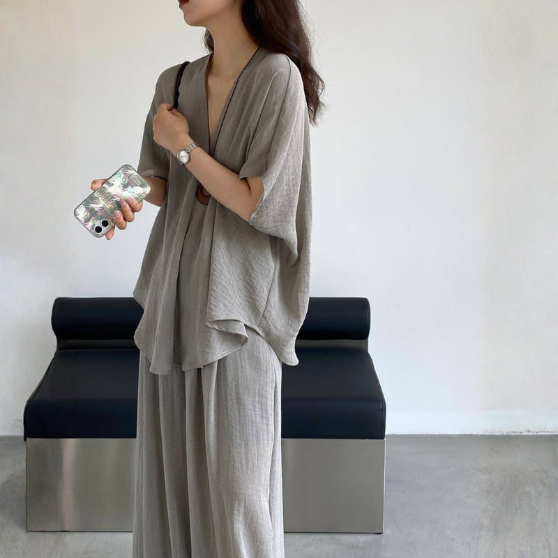 みと家さん専用ページ sheer linenlike v neck wide pants setup MA1979