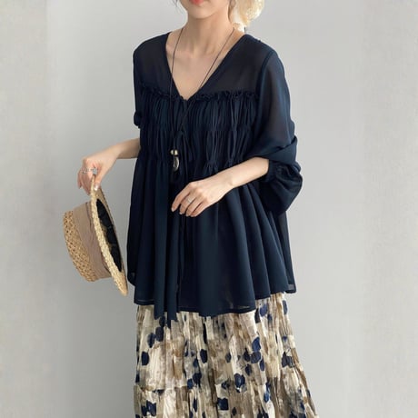 sheer gather ribbon blouse　MA1965