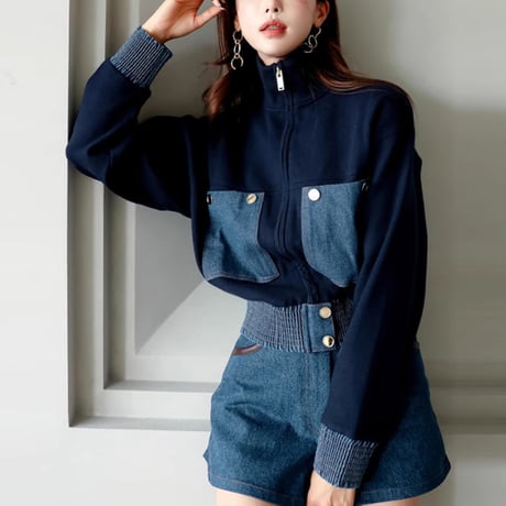bi color knit denim jacket blouson　MA1839