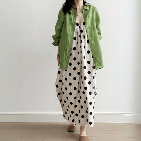 polka dot flare linen dress　MA1573