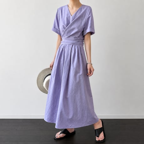 v neck cache coeur waist ribbon long one piece/2color　MA1992