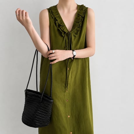 frill collar ribbon sleeveless onepiece/2color　MA1987