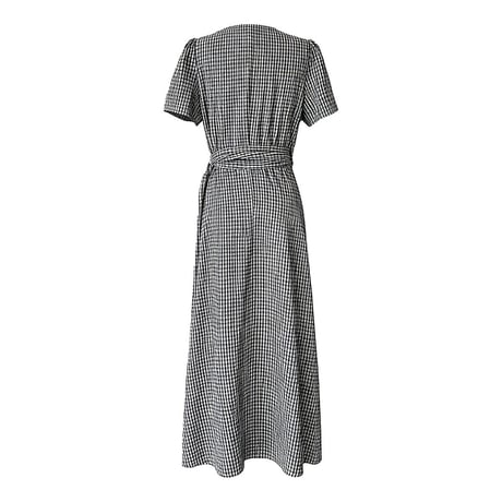 v neck check waist ribbon onepiece　MA1990