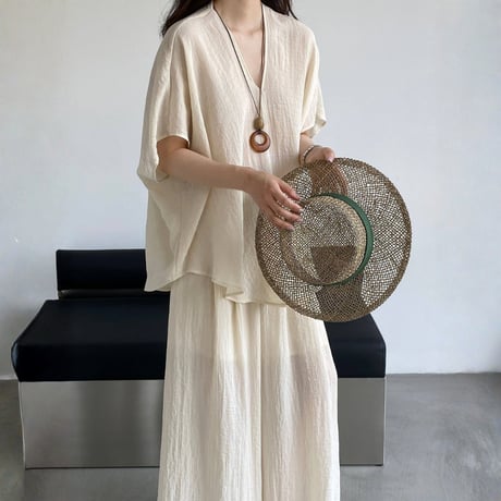 sheer linenlike v neck wide pants setup　MA1979