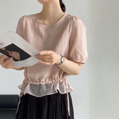 sheer layered drawstring puff sleeve blouse　MA1976