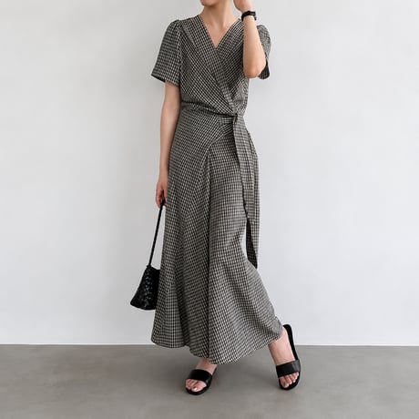 v neck check waist ribbon onepiece　MA1990