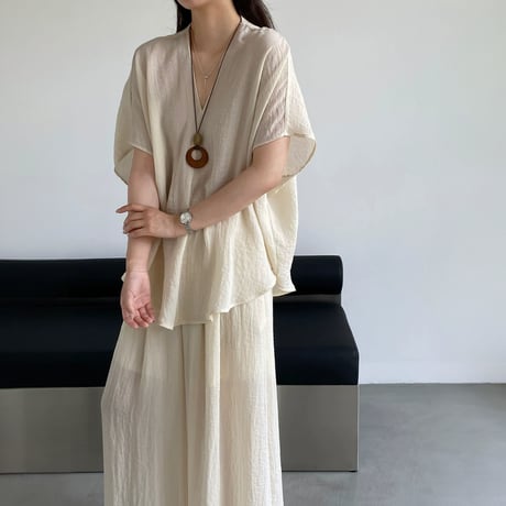sheer linenlike v neck wide pants setup　MA1979