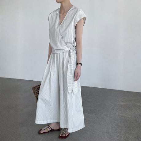 stripe cachecoeur sleeveless tops wide pants setup　MA1962