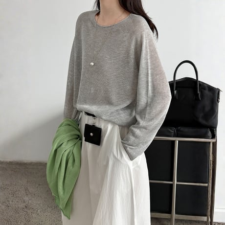 sheer roll hem knit long sleeve top　MA1869