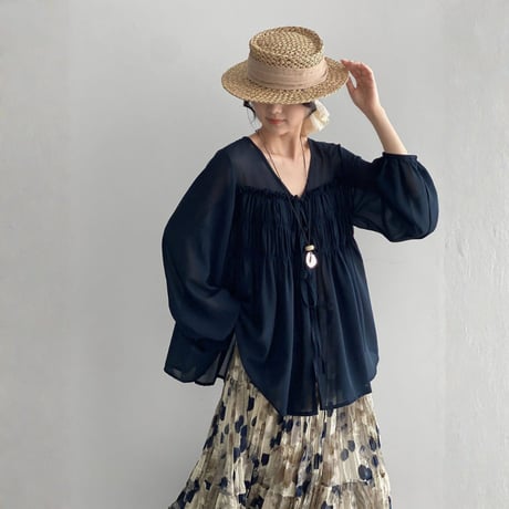 sheer gather ribbon blouse　MA1965