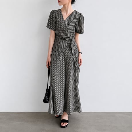 v neck check waist ribbon onepiece　MA1990