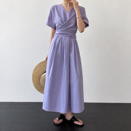 v neck cache coeur waist ribbon long one piece/2color　MA1992