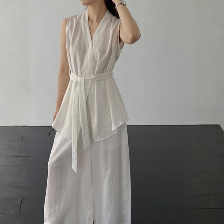 belted sleeveless gilet wide pants setup　MA1981
