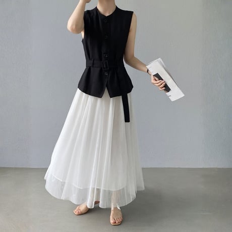 belted sleeveless vest tulle skirt setup　MA1980