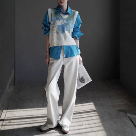 double collar layered shirt and flower knit vest　MA1923