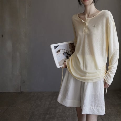 side drawstring sheer henley neck cutsew　MA1946