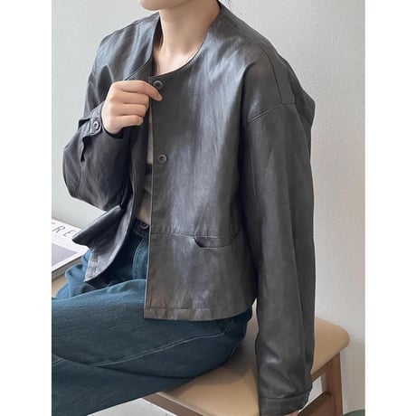faux leather collarless short jacket　MA1149