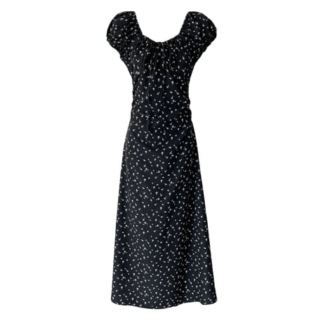 flower square neck puff sleeve waist mark long one piece　MA1991