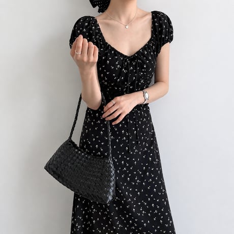 flower square neck puff sleeve waist mark long one piece　MA1991