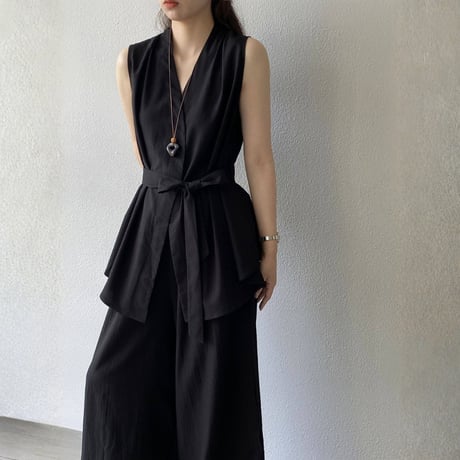 belted sleeveless gilet wide pants setup　MA1981
