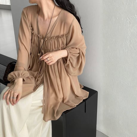 sheer gather ribbon blouse　MA1965