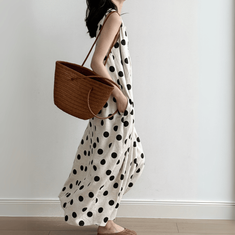 polka dot flare linen dress　MA1573