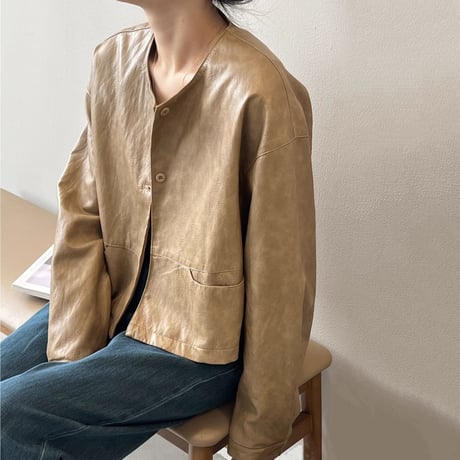 faux leather collarless short jacket　MA1149