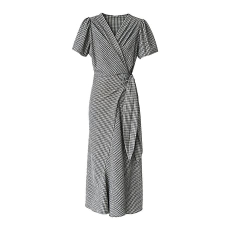 v neck check waist ribbon onepiece　MA1990