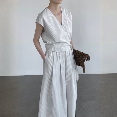 stripe cachecoeur sleeveless tops wide pants setup　MA1962