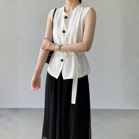 belted sleeveless vest tulle skirt setup　MA1980