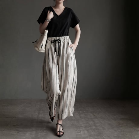 v-neck cotton linen short sleeve top　MA1948
