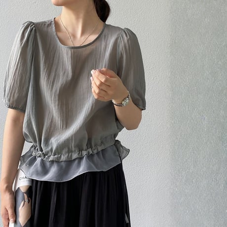 sheer layered drawstring puff sleeve blouse　MA1976