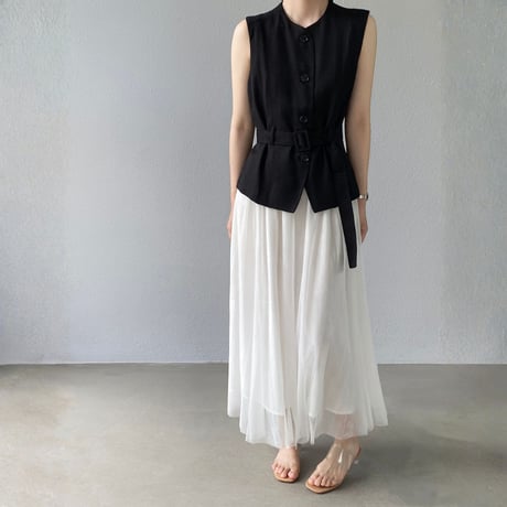belted sleeveless vest tulle skirt setup　MA1980