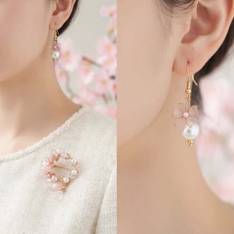 【お得な2点set】桜 -三分咲- ブローチ&桜のパールピアス（フック）　b4018&p1172