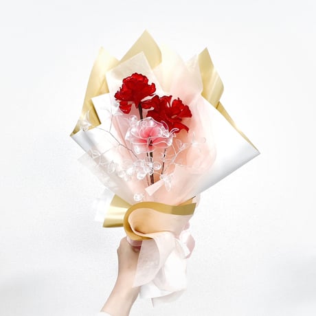 【お得なブーケ】カーネーションと薔薇とカスミソウのブーケ　５本セット b2018
