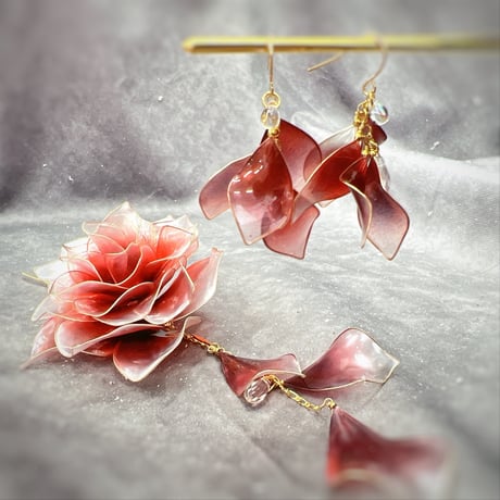 【お得な2点set】薔薇 -愛情- かんざし＆薔薇の花弁　h4068&p1141