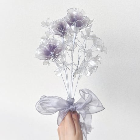 【お得なブーケ】薔薇とかすみ草のブーケ（パープルグラデ/パール）6本セット　b2035