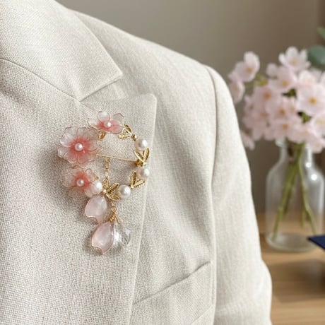 【お得な2点set】桜 -三分咲- ブローチ&桜のパールピアス（フック）　b4018&p1172