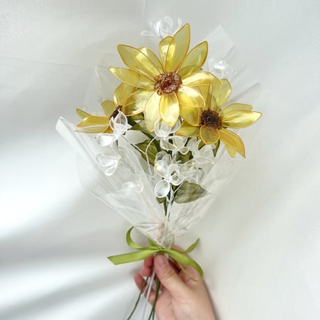 【お得なブーケ】ひまわりとかすみ草の小ブーケ 5本セット 　b2001