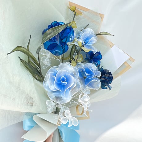 【お得なブーケ】青薔薇MIXとリーフのブーケ 11本セット　b2017
