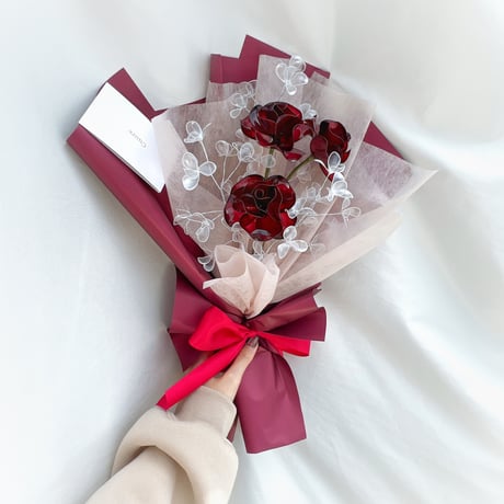 【お得なブーケ】薔薇とかすみ草のブーケ（レッド）6本セット　b2036