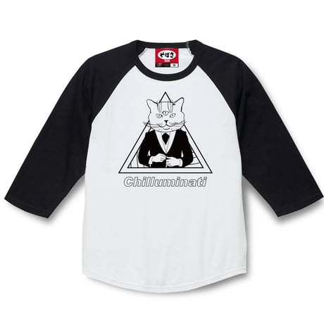 「三つ目キャットシンボル（MONOCHROME）」 ラグラン 3/4スリーブ Tシャツ(白X黒)