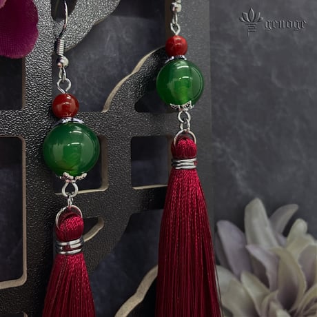 【チャイナピアス/イヤリング】タッセルピアス×チャイナアクセサリー｜中華×和風×大正浪漫×クラシカル×オリエンタル｜赤×レッド｜genoge -ゲノゲ-｜狂シリーズ｜幻 -銀-